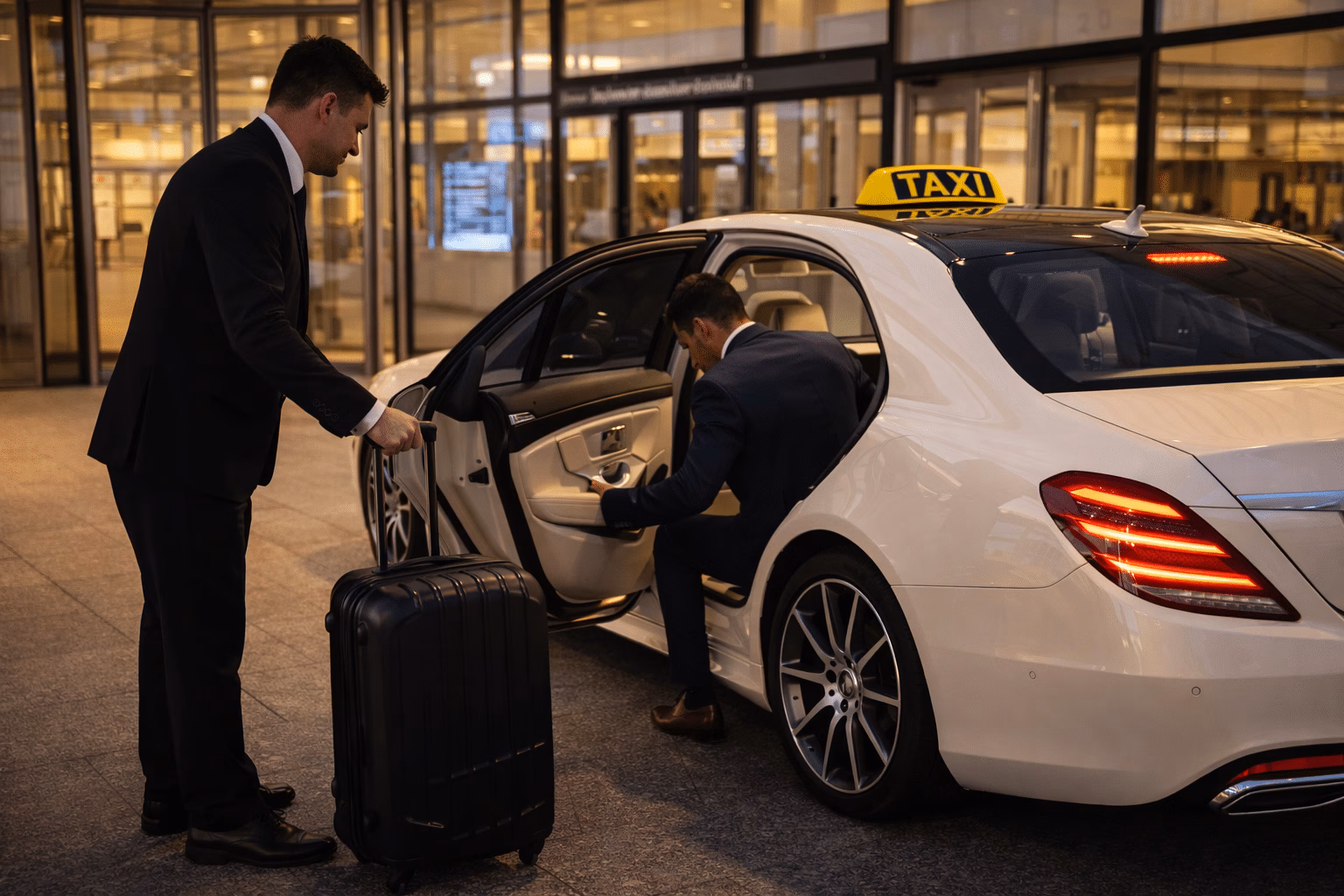 Abholung-mit-dem-Taxi-Flughafen-Muenchen Ein Geschäftsmann wird am Münchner Flughafen vom Taxi abgeholt für einen Airport Transfer