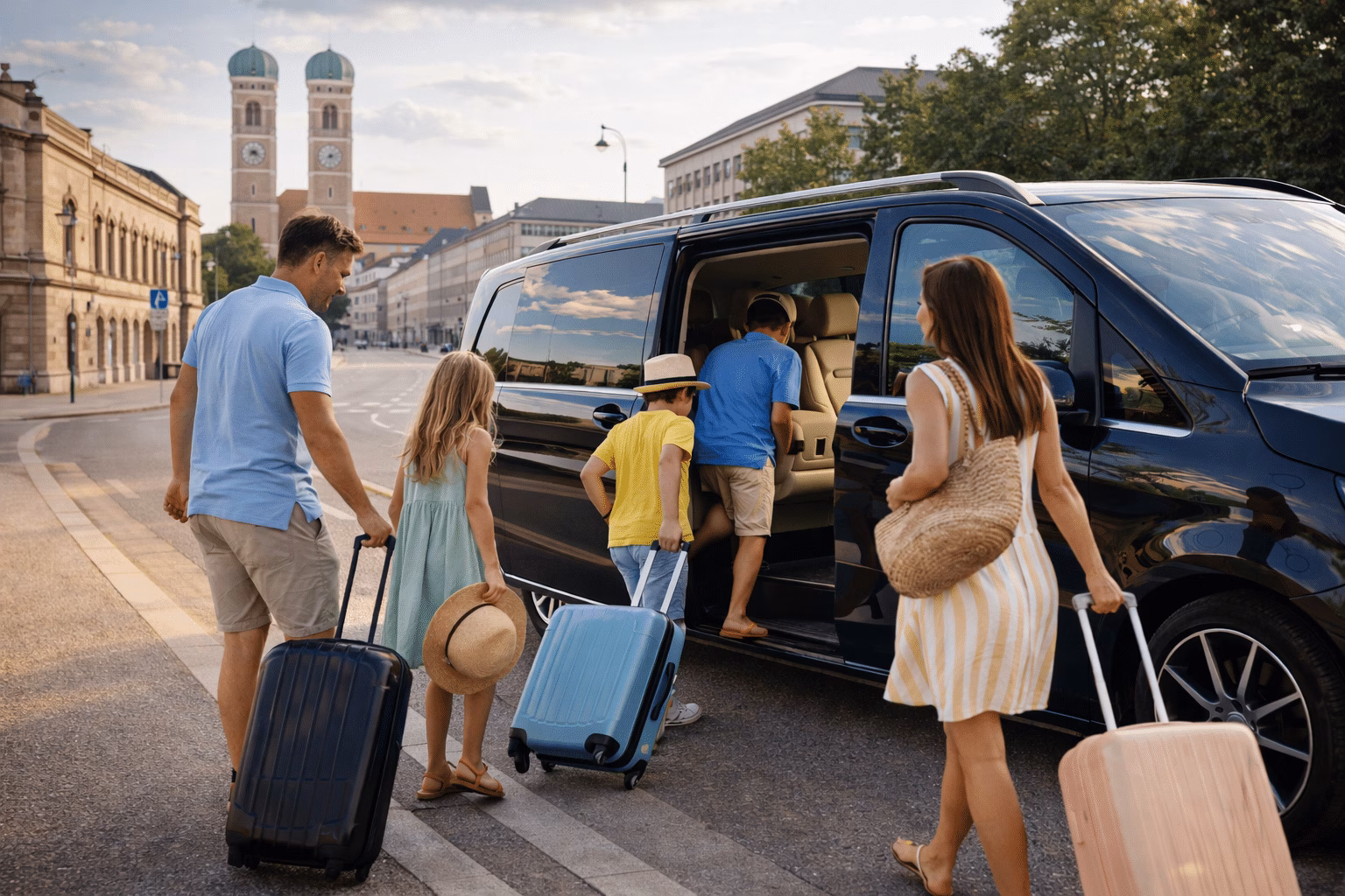 Familie-Abholung-Taxi-Muenchen-Fahrt-Flughafen Eine Familie bei der Abholung durch ein Flughafen-Taxi auf dem Weg zum Münchner Airport